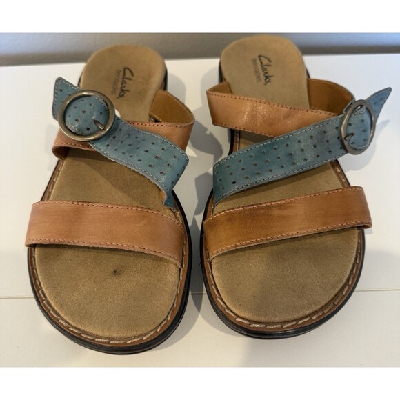 Clarks Bendables Slip On Two Tone Brown Blue Leather Slide Comfort Sandals 8 New - Picture 3 of 7